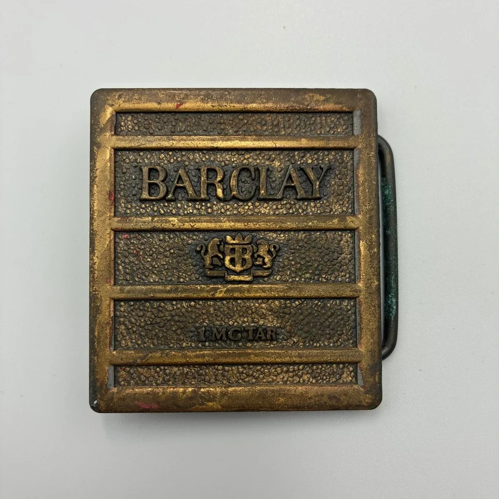 Vintage Barclay 1mg Tar Cigarette Advertising Belt Buckle Brass Tone Logo Crest